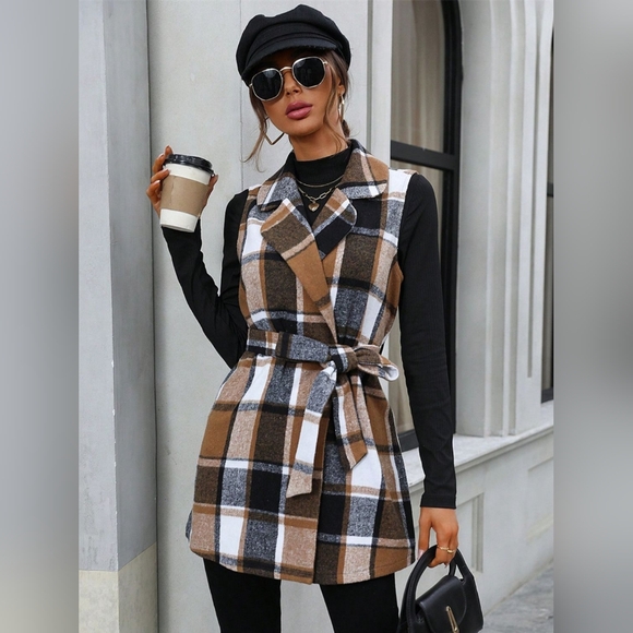 Tied Plaid Collared Neck Vest - Picture 2 of 5